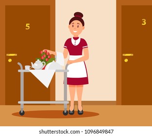 Smiling waitress with food trolley standing near door in hotel. Breakfast for guest. Room service. Flat vector design