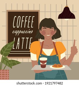 Smiling Waitress Holding A Tray With Food Vector Illustration