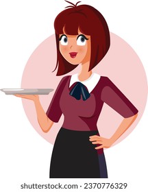 
Smiling Waitress Holding a Tray Serving Customers Vector Character Illustration. Female restaurant worker greeting customers 
