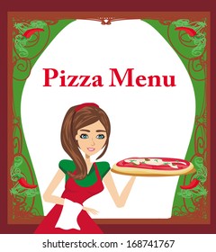 smiling waitress serving pizza , menu card
