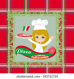 smiling waitress serving pizza , menu card 
