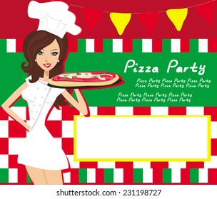smiling waitress serving pizza, place for your text