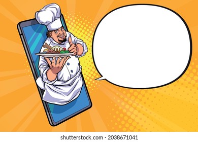 Lächelnde Kellnerin mit Tabletts auf Handy-Bildschirm, Online-Lieferung von Speisen aus Restaurant und Cafe Services Konzept Pop Art Comic Stil