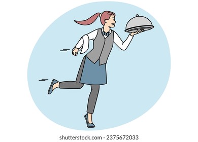 Smiling waitress in uniform bringing dish to client in restaurant. Happy female server with meal working in cafe. Good service concept. Vector illustration.