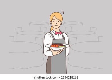 Smiling waitress in uniform serving meal in restaurant. Happy professional female waiter with food in hands serve in diner. Vector illustration. 