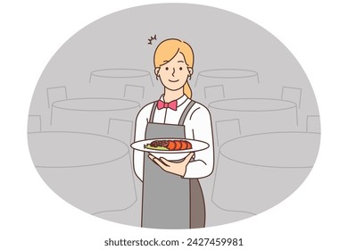 Smiling waitress in uniform serving meal in restaurant. Happy professional female waiter with food in hands serve in diner. Vector illustration.