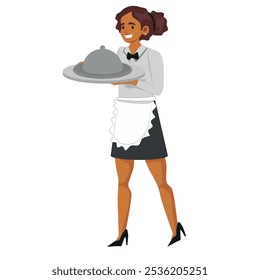 Smiling waitress wearing a uniform serving dish to customer in restaurant. Happy female server with meal working in cafe. Good service concept. Vector illustration.