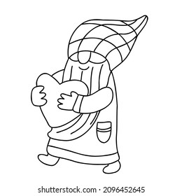 Smiling walking gnome with a heart. Funny character. Doodle hand drawn vector illustration isolated on white. Great for coloring books, Valentine's day cards.