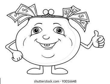 Smiling wallet with dollar bills showing thumbs up, contours. Vector