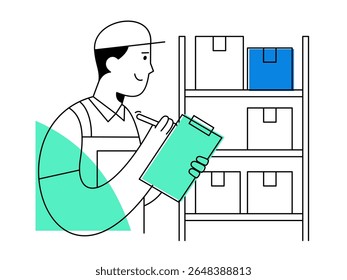 A smiling warehouse worker performs inventory check with clipboard, managing storage boxes on shelves for efficient logistics and organization