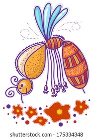 Smiling wasp with large body and small wings admiring flowers