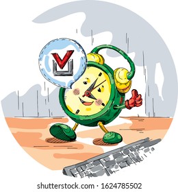 Smiling watch. Clock. Time for a break. Well done. Good work. Cartoon objects. Funny characters. Vector hand drawn illustration. Postcard