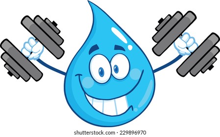Smiling Water Drop Character Training With Dumbbells. Vector Illustration Isolated On White Background