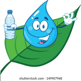 Smiling Water Drop On A Leaf Showing Water Bottle