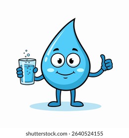 Smiling Water Droplet Character Holding Glass and Giving Thumbs Up