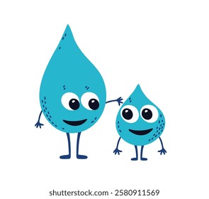 Smiling water drops. Two funny characters, two droplets, mom and baby. Drop Mother strokes her child's head. Concept of safe clean drinking water for health. Flat vector illustration isolated on white