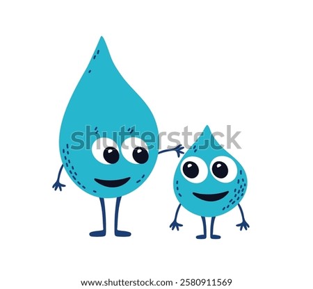 Smiling water drops. Two funny characters, two droplets, mom and baby. Drop Mother strokes her child's head. Concept of safe clean drinking water for health. Flat vector illustration isolated on white