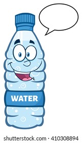 Smiling Water Plastic Bottle Cartoon Mascot Character Speech Bubble. Vector Illustration Isolated On White