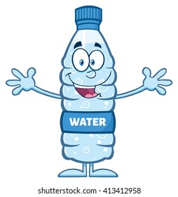 Smiling Water Plastic Bottle Cartoon Mascot Character Wanting A Hug. Vector Illustration Isolated On White