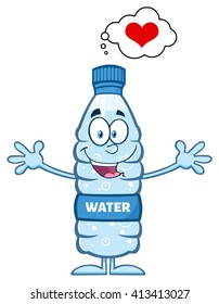 Smiling Water Plastic Bottle Cartoon Mascot Character Thinking Of Love And Wanting A Hug. Vector Illustration Isolated On White