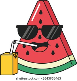 Personagem de melancia sorridente com copo de suco e óculos de sol - Cartoon Kawaii Fruit Vetor