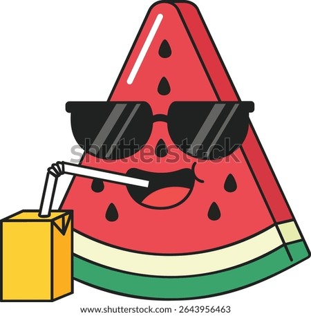 Smiling Watermelon Character with Juice Cup and Sunglasses – Cartoon Kawaii Fruit Vector