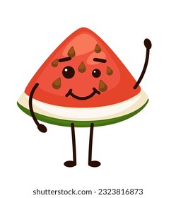 Smiling watermelon slice cartoon character with hands and legs. Cute personage with hands and legs, smile on face. Organic ripe fruit. Emoticon or emoji for social media. Vector in flat style