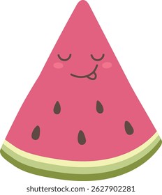 A smiling watermelon slice is depicted in a minimalist drawing style with simple lines and a cute expression. Cartoon vector illustration