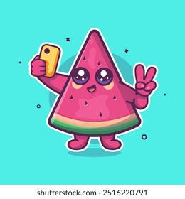 smiling watermelon slice fruit character mascot taking a selfie with a smartphone isolated cartoon