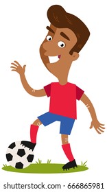 Smiling And Waving Asian Cartoon Footballer Wearing Red Shirt And Blue Shorts Putting One Foot On The Football Isolated On White Background.