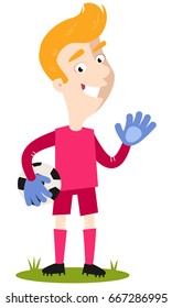 Smiling and waving blond caucasian cartoon goalkeeper wearing red shirt and shorts holding football isolated on white background