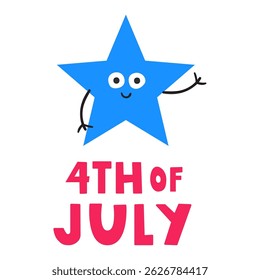 Smiling waving star. 4th of July. Happy independence day. Funny character. Illustration on white background.