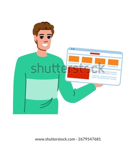 Smiling web developer showing website interface on a big tablet, software development and web design concept, vector illustration isolated on white background
