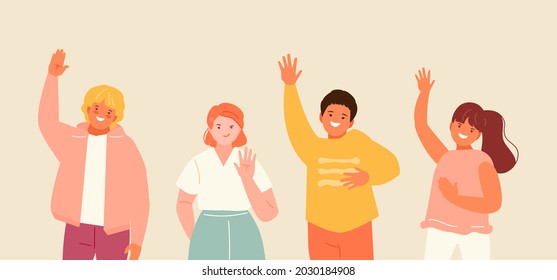 Smiling welcoming children waving their hands. Children saying hello. Greetings gestures, welcome. Schoolchildren, kindergarten pupils vector set