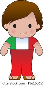 A smiling, well dressed young lad wears clothing representative of Italy.
