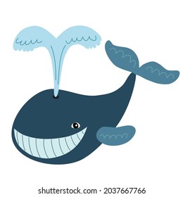 A smiling whale releases a fountain of water. The whale is blue.