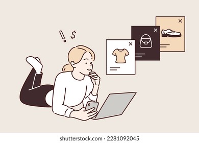  smiling while surfing the web on her laptop and holding phone in her hand trying to buy something online. Hand drawn style vector design illustrations.