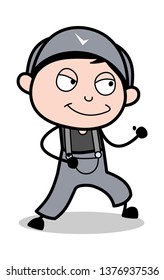 Smiling While Walking - Retro Repairman Cartoon Worker Vector Illustration