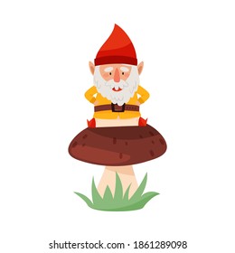 Smiling White Bearded Gnome Character with Red Pointed Hat Sitting on Mushroom Vector Illustration