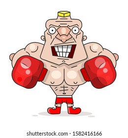 Smiling  White Boxer In Red Boxing Gloves Training During Fitness Workout. Male Boxer Exercising In Boxing Gloves. Vector Cartoon Illustration Isolated On White Background. Suitable For Greeting Card