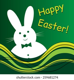 smiling white bunny with bow tie and text and green yellow field