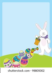 A smiling white bunny rabbit is leaving a trail of Easter eggs, as they fall from a basket it is carrying.