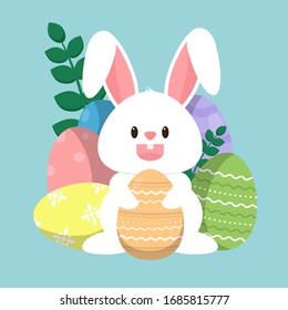 Un conejito blanco sonriente con seis huevos de Pascua sobre un fondo azul.