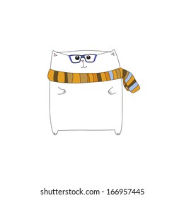 Smiling white cat wearing a scarf. Vector illustration