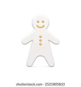 Smiling white glossy gingerbread man decorated by golden premium design elements realistic Christmas bauble vector illustration. Cute traditional Xmas toy funny character winter holiday celebration