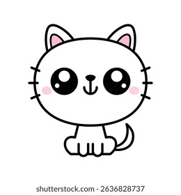 Smiling White Kitten with Pink Cheeks Sitting. Cute Animal Character in Cartoon Style Vector Illustration.