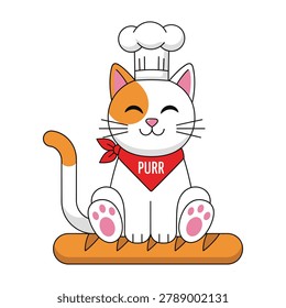 A smiling white and orange cat wearing a red bandana and chef hat on a white background