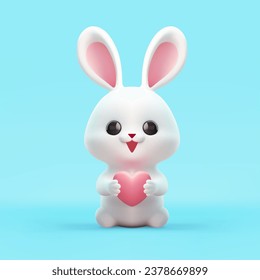 Smiling white rabbit with pink heart kawaii figurine toy 3d icon realistic vector illustration. Adorable baby bunny positive hare enamored character with symbol of love and tender isolated on blue