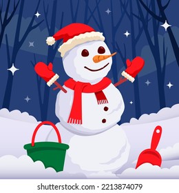 Smiling white snowman between pouring snow rain.