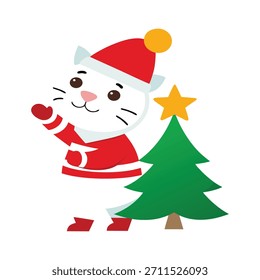 A smiling white tiger dressed in a Santa outfit playing with ornaments, spreading happiness and festive cheer during Christmas season.